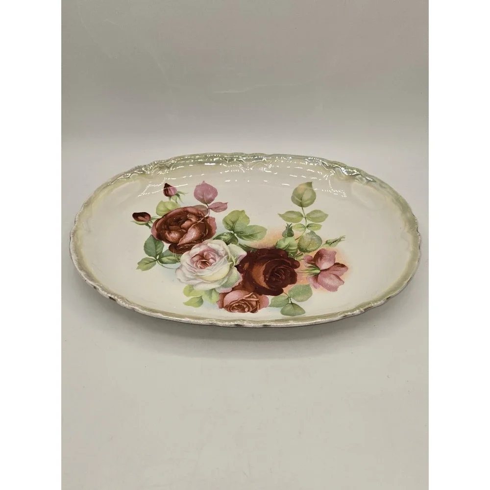 Antique Victorian Floral Transferware Oval Serving Platter Roses Scalloped 1891